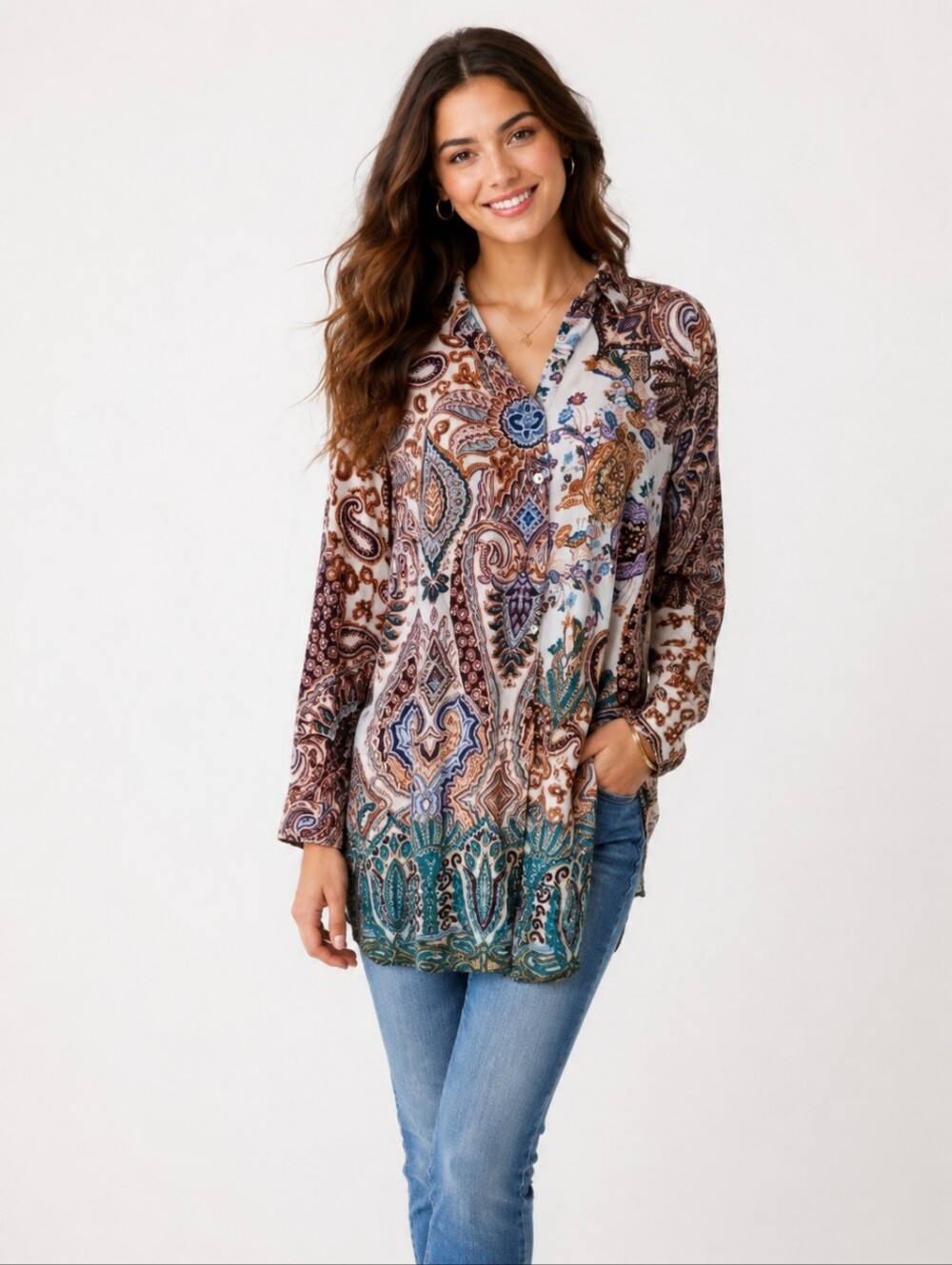 Chico's Paisley Print Button-Up Long Shirt Tunic. Size Medium.